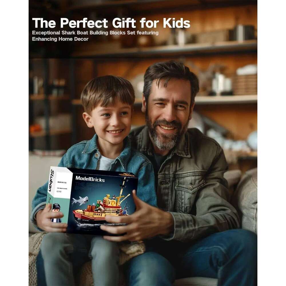 592PCS Shark Fishing Ship Building Blocks Great White Model with Mini Figures Creative DIY Toy Birthday Gift for Kids Adults Z260306