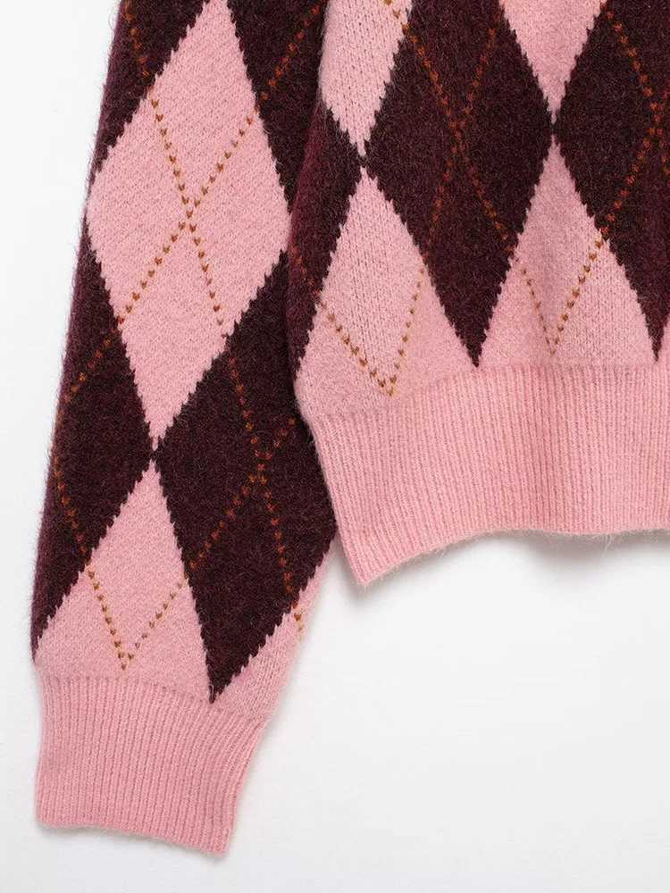 New Fall Winter 2024 Women Geometric Print Knitwear Vintage Ladies Crew Neck Long Sleeve Single Breasted Cardigan M260306