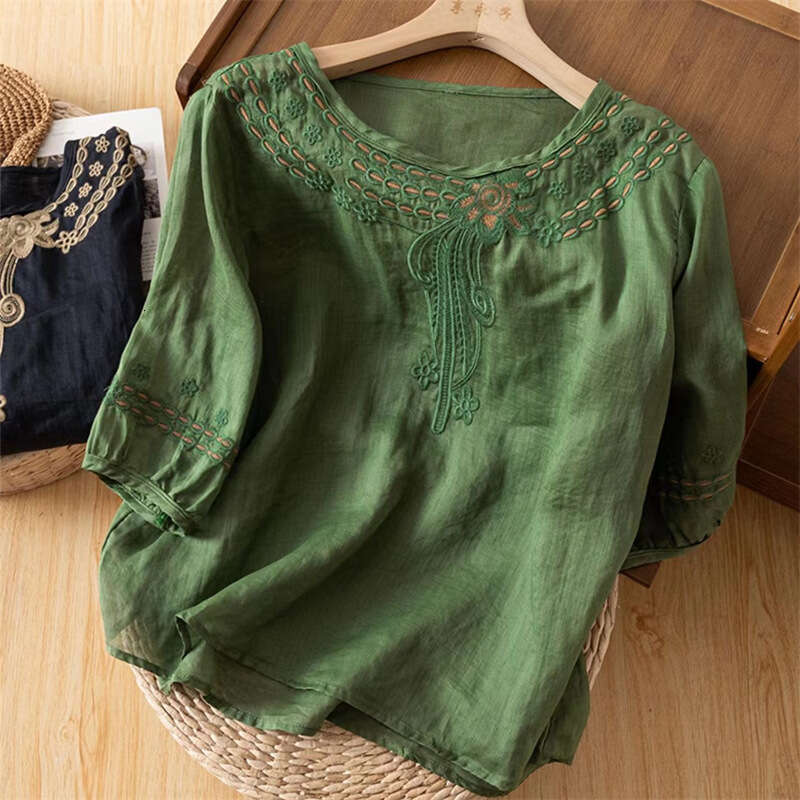 Women Summer Tops Tees Vintage Blouse Short Sleeve Shirt Ruffles Loose Casual Tees Literary Floral Embroidery Cotton And Linen Blous