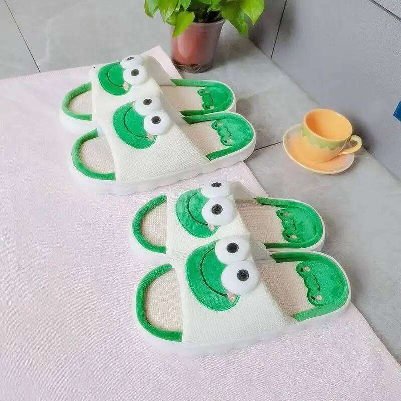 Women Men Cartoon Frog Linen Spring Summer Anti Slip Home Slippers Thick Bottom