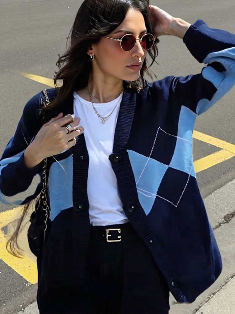 Autumn Long Sleeve Geometric Knitted Cardigant Sweater Women Casual Loose Botton Women Sweaters Coat Winter CloTHes M260306