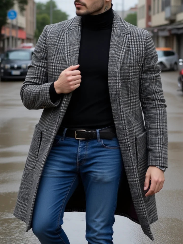 Warm Stylish Trench Mens Houndstooth Overcoat Windproof Fleece Lined EU Fit Casual Winter Chic Coat Jacket 260302