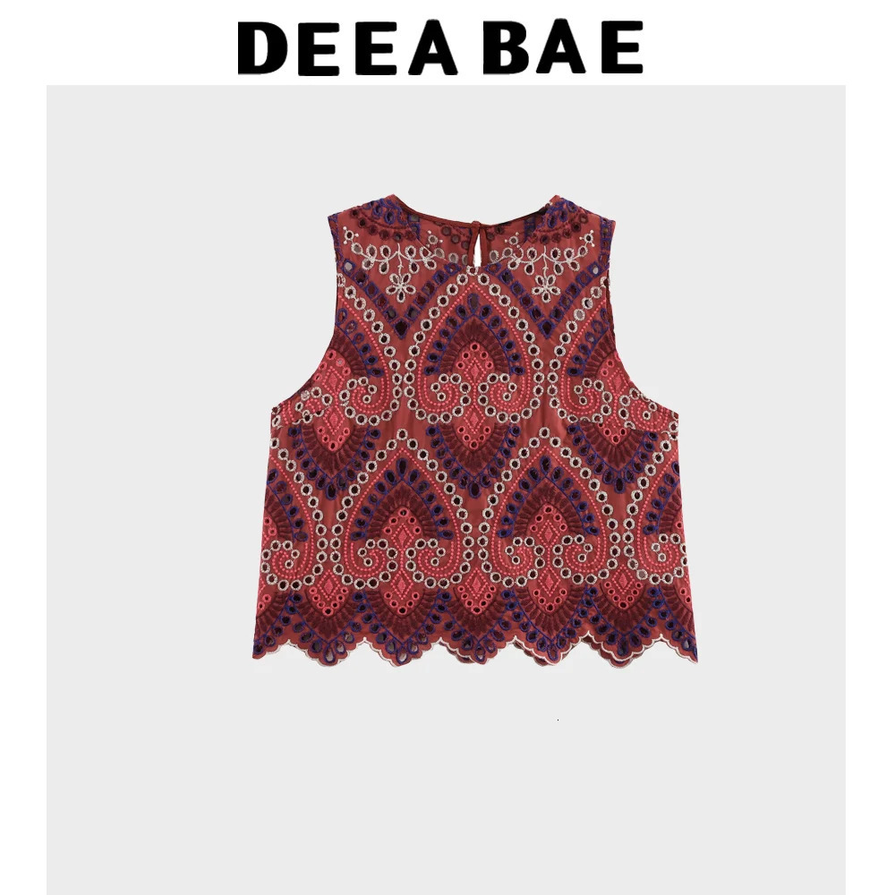 DEEABAE Comfortable Round Neck Sleeveless Top With High Waist Layered Decoration Hollowed Out Embroidery MIDI Skirt 260304
