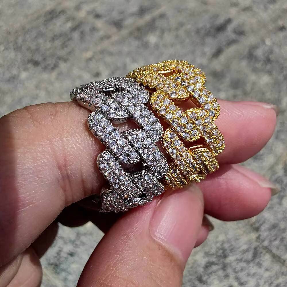 Wholesale Fashion Hip Hop Cuban Chain Rings Brass Gold Plating Iced Out Cubic Zircon Cuban Link Ring Gift for Men Women Jewelry