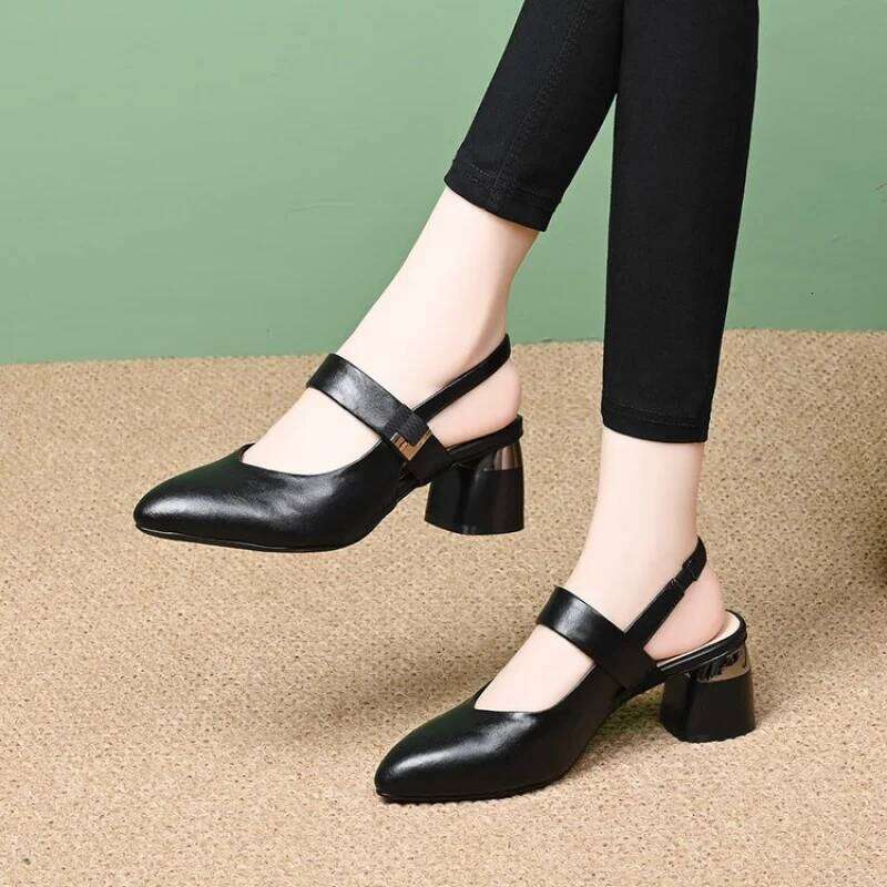 Women Elegant Cap Block Pointed Toe Sandals Summer Comfortable Backless One-Strap Buckle Mid Heel Fashion Commuter Shoe