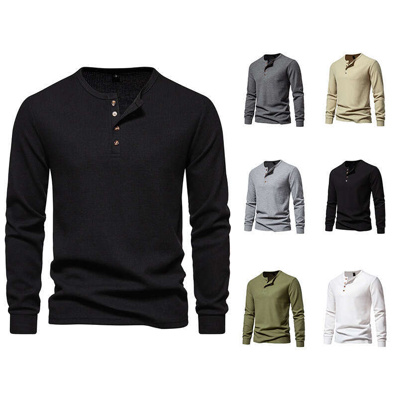 Amazon's new autumn and winter for men, four-button waffle knit Henry collar men's long-sleeve T-shirt