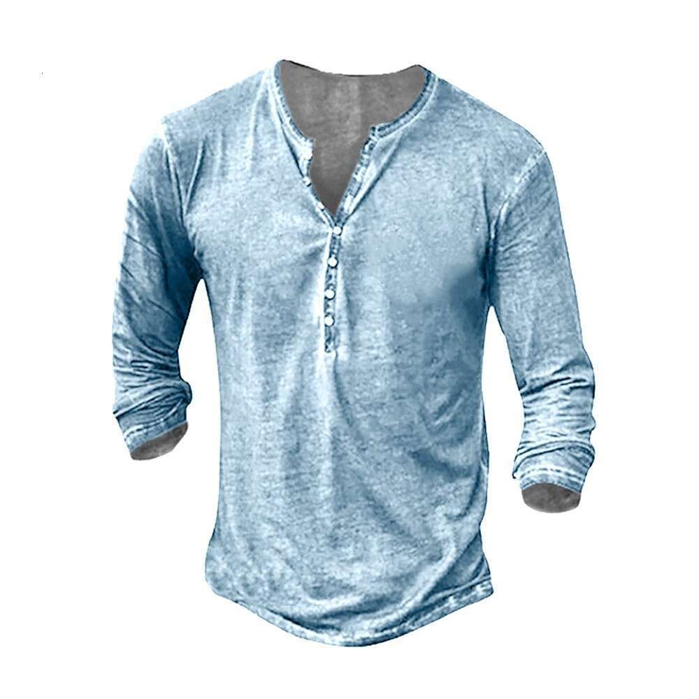 Cross-border European and American foreign trade retro button long-sleeve with 3D digital printing, men's solid color versatile T-shirt