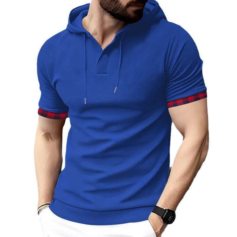 Men's Plaid Cuff Spliced Hooded T-shirt Casual Henley Neck Short Sleeve Tee Top