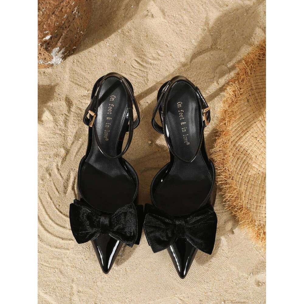 Women's Fashion Patent Leather Pointed-Toe Bow Decor Heels