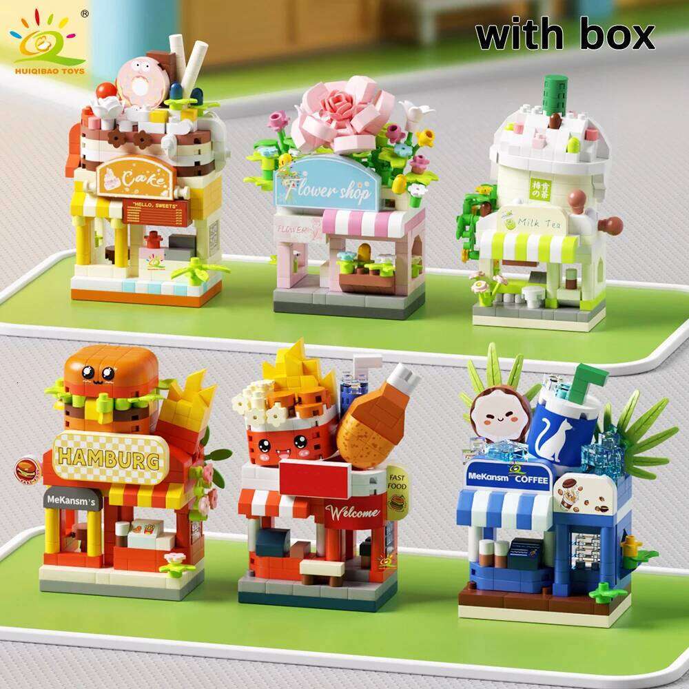 HUIQIBAO MOC Cute Street Shop model Micro Building Block Burger Fried Flower Model Mini Brick Toy for Children Desk Decor. Z260306