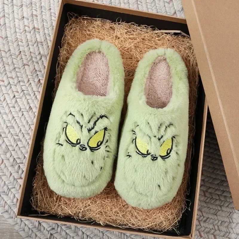2024 Women Plush Slippers Autumn Winter Warm Funny Green Haired Monster Shoes Cute Fluffy House Non Slip Couples Cotten Slippers S260305