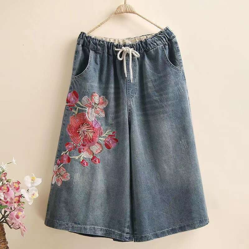 Mardi Hefxessdr Embroidered Wide Leg Oversized Women Clothing Summer Loose High Waist Jeans Ladies All-match Calf-Length pants jeans women's clot