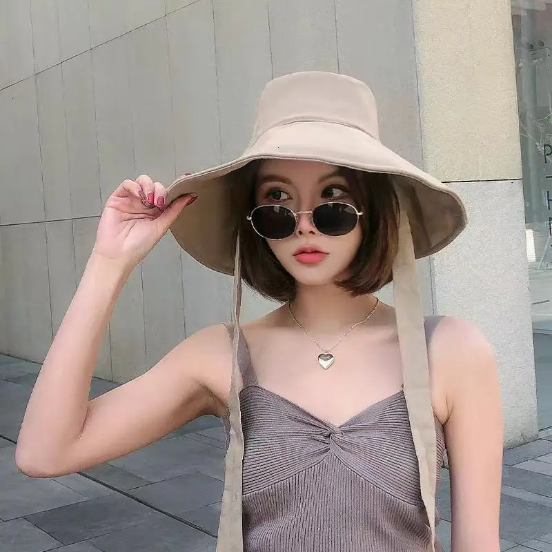 Summer Spring Japanese Tie Bucket Hat Womens Korean-style Big Eave Fisherman Foldable UV Cotton Linen Beach Strap Sun Hat 260228