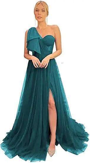 Prom A Line Tulle Fuschia One Shoulder Bones Slit Floor Length Women Evening Long Formal Occasion Dress Customized