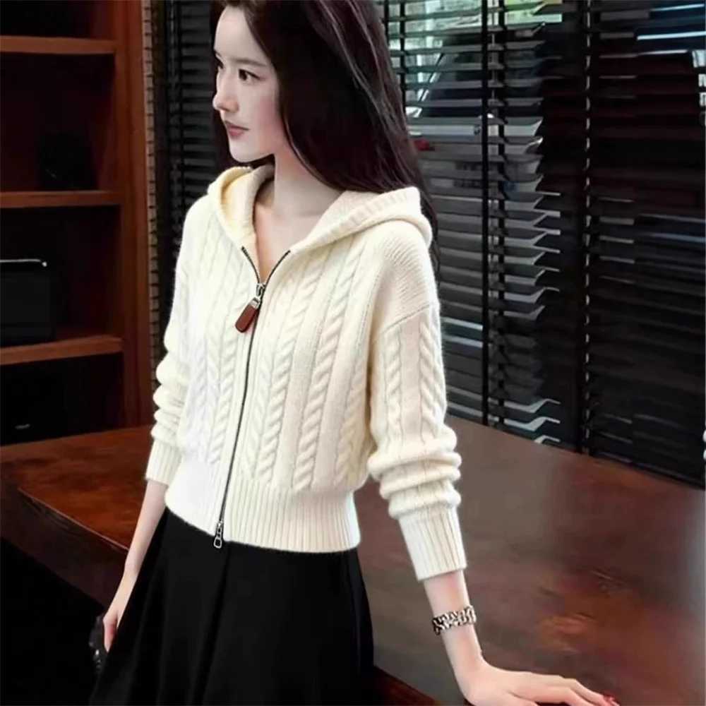 Womens Fashion Knitted Zipper Hooded Cardigan Sweater Jackets Spring Autumn Winter Korean Style Twist Sweater Cardigans Clothes M260306