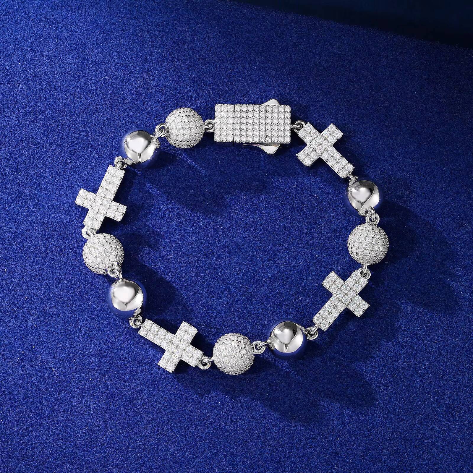 Jewelry Wholesale Luxury Mens Charm 10mm 925 Sterling Silver VVS Moissanite Diamond Iced Out Ball Cross Link Chain Bracelet