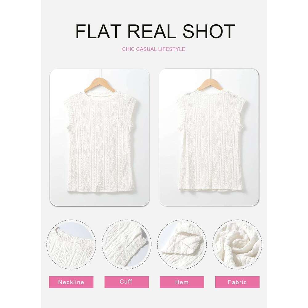 Designer Women's Summer Tops Casual Crewneck Cap Sleeve Shirts Lightweight Crochet Knit Texture Tank Top Blouses