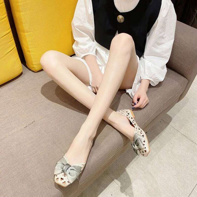 Women Summer Sandals Hollow Out Breathable Square Toe Slip-On Low Heel Bowknot Flat Soft Sole Fashion Ladies Beach Shoes