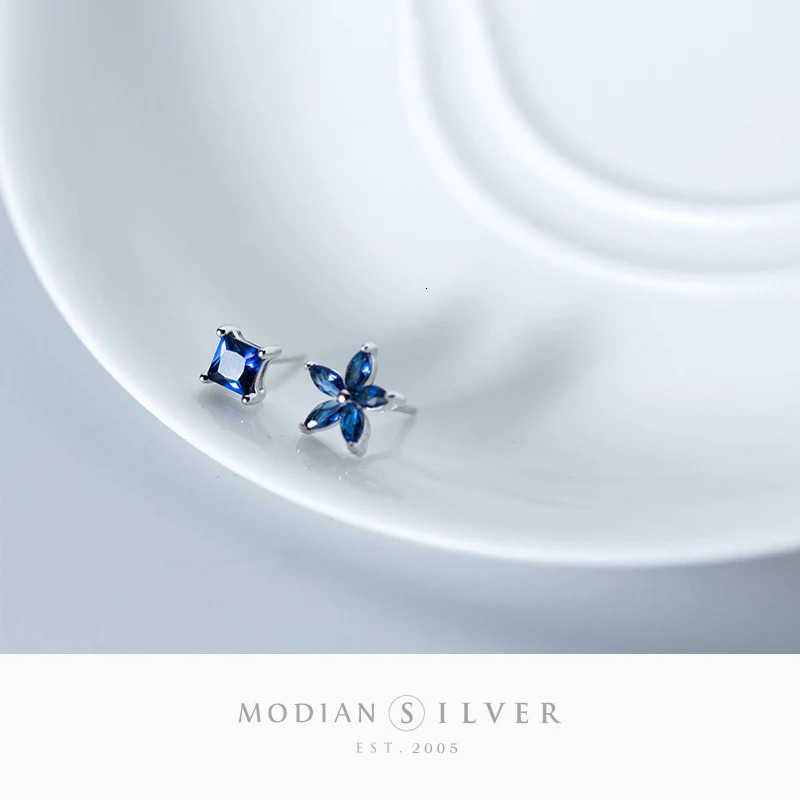 Modian Exquisite Blue Flower Plant Square Zircon Jewelry For Women Real 925 Sterling Silver Fashion Female Stud Earrings 260303