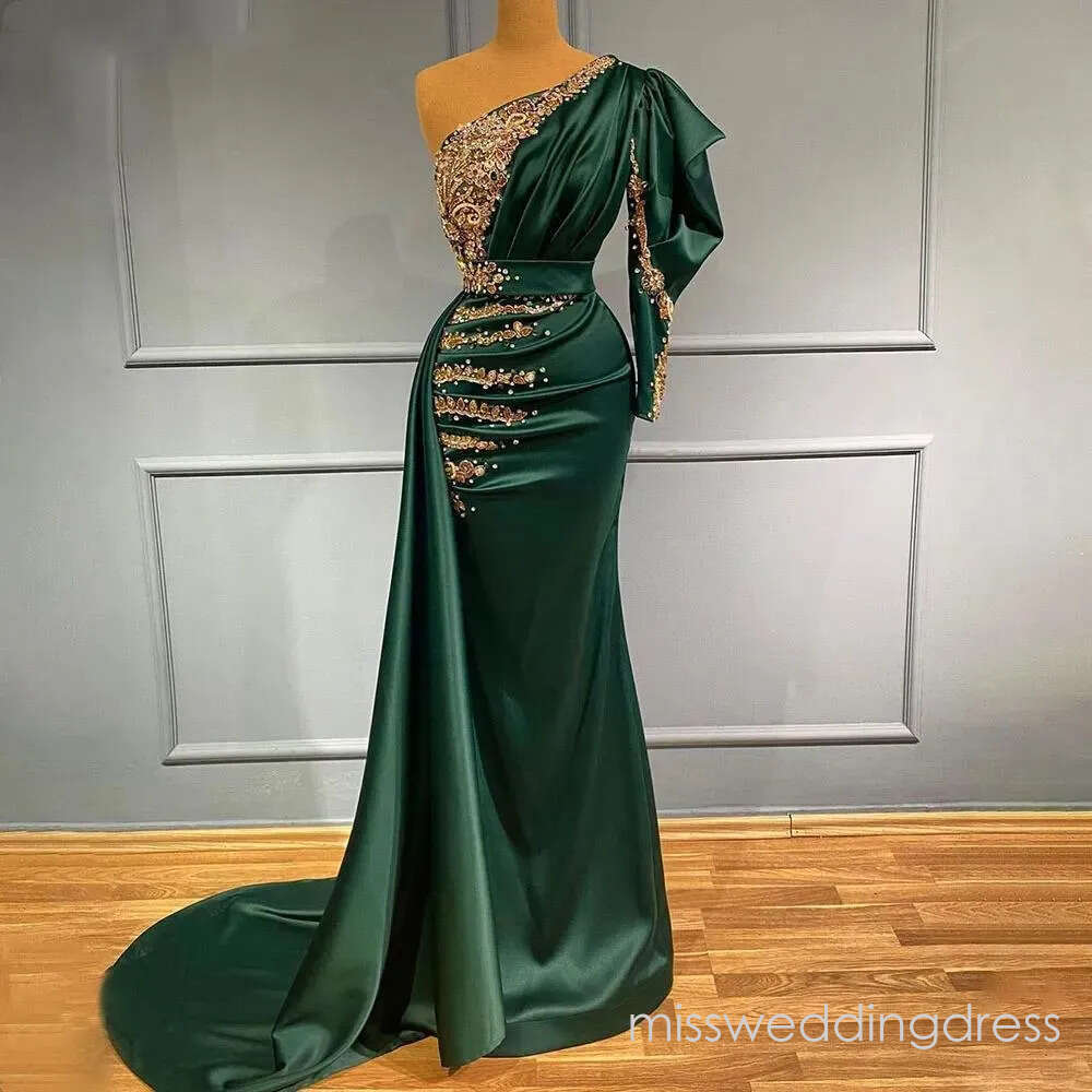 Dark Green Mermaid Overskirts Prom Dresses Long Sleeve One Shoulder Beaded Evening Gowns Party Dress With Train Special Occassion robe de soiree