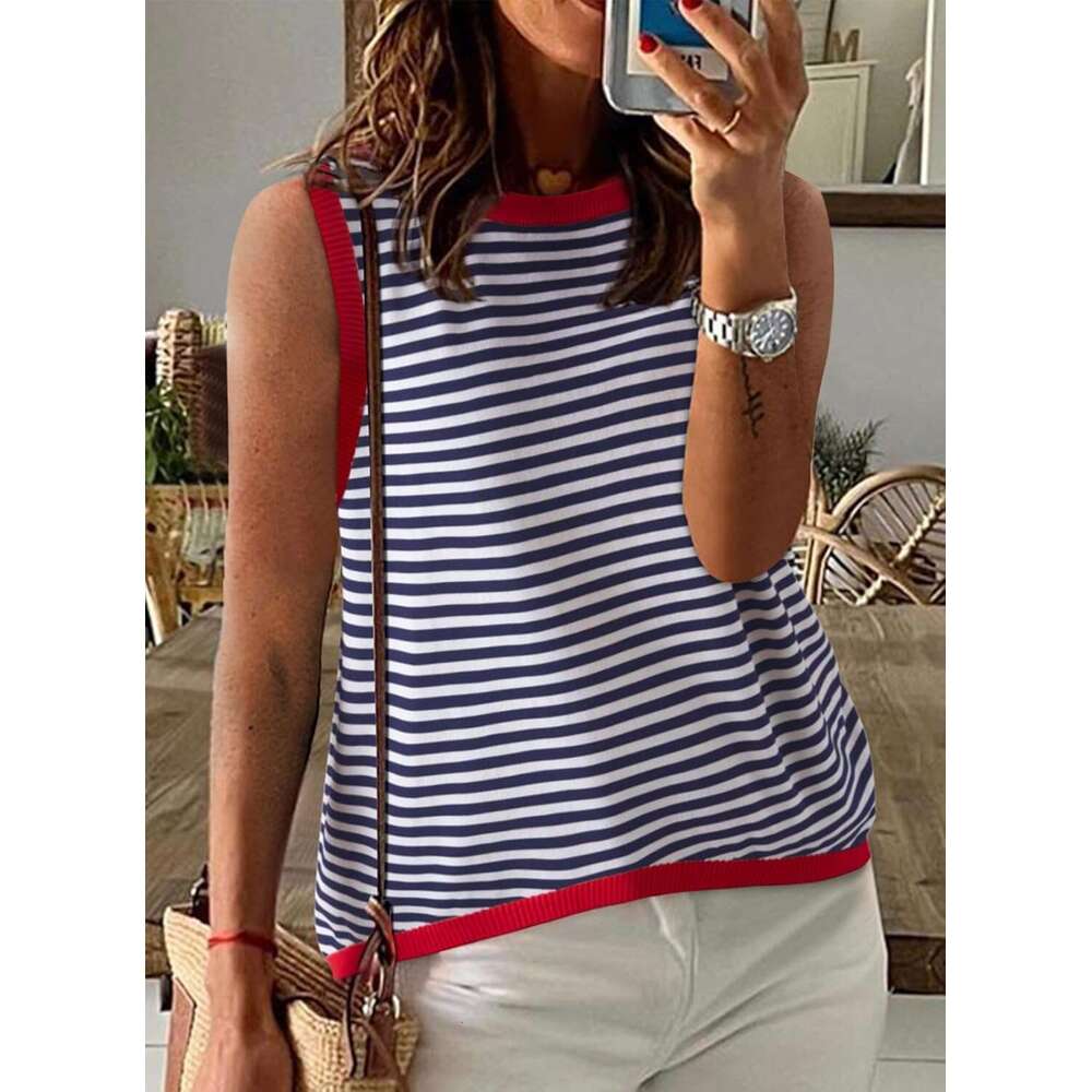Designer Womens Summer Tops 2026 Casual Striped Color Block Neck Tank Top Loose Knit High Low Sleeveless Shirts Blouses