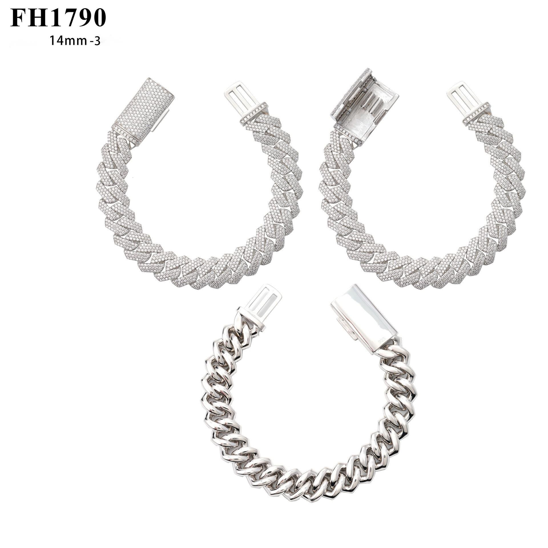 Best-selling hip-hop 14mm full diamond three-row 925 silver inlaid moissanite diamond-shaped personalized Cuban chain accessory GRA