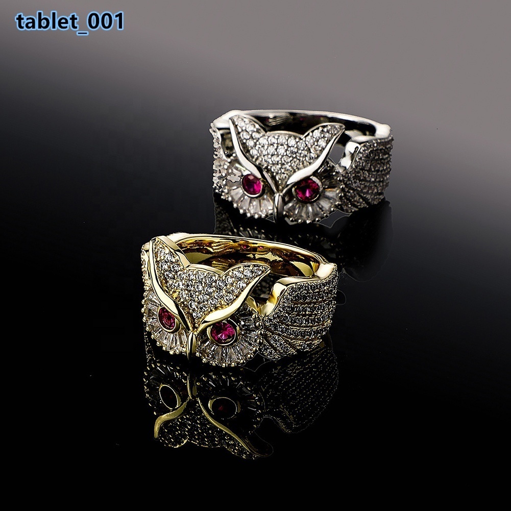 New Owl Animal Rings High Quality Iced Out Brass Gold Plated Cubic Zircon Couple Finger Ring Hip Hop Fashion Personality Jewelry