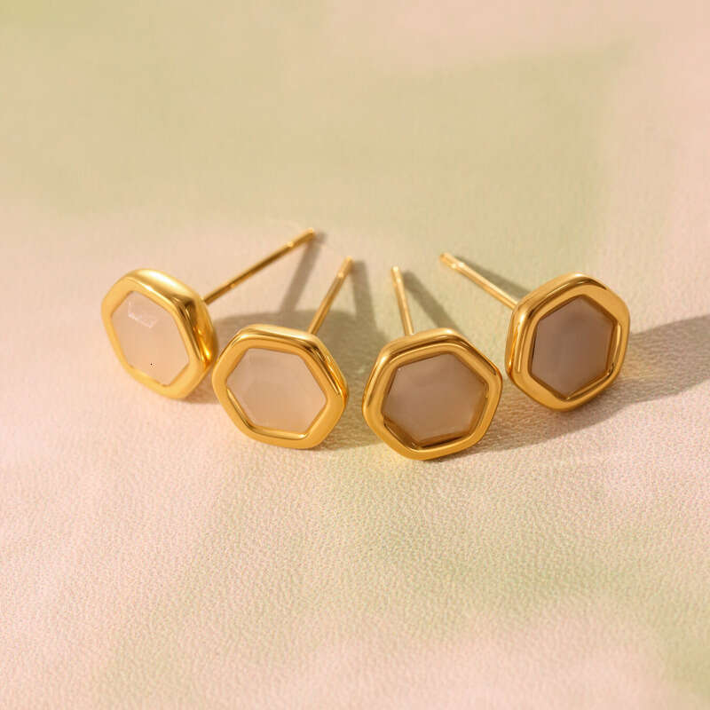 Women's Vintage Earrings: Natural Opal Faceted Hexagonal Stud Earring Stainless Steel Gold-plated Simple Compact Exquisite Light Luxury Jewelry f