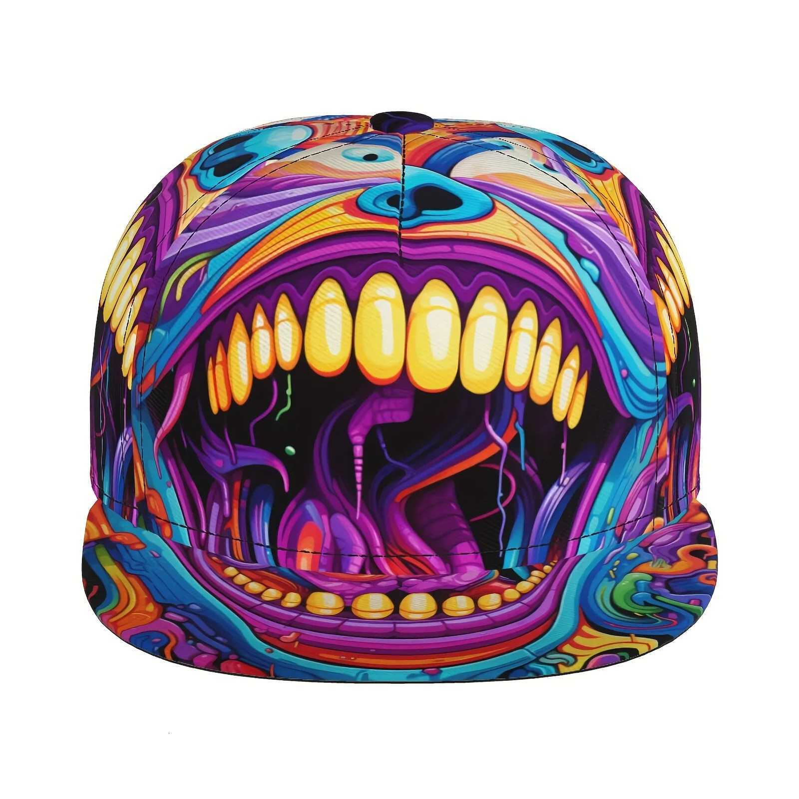 Vibrant Graffiti Art Baseball Cap - Adjustable Snapback Hip-Hop Street Style Colorful Flat Brim Hat with Cartoon Mouth Design S260306