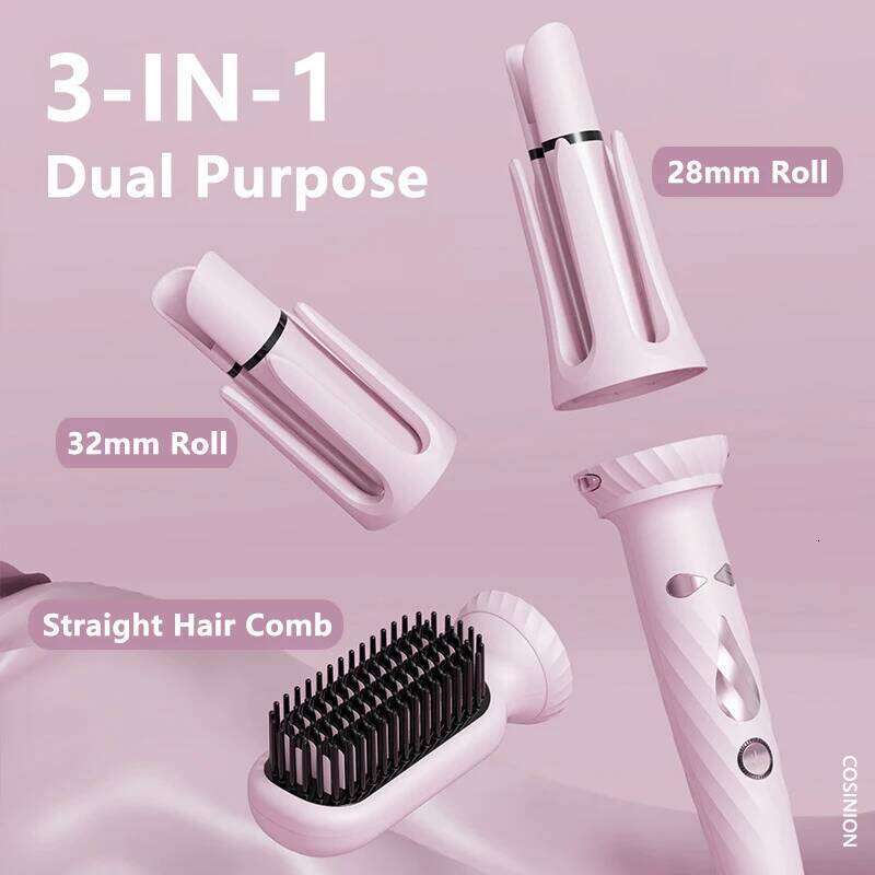 3-IN-1 Dual Purpose Negative Ions 28mm/32mm Automatic Curler Heating Straight Comb Electric Ceramic Curling Hair Stick 26Y0306