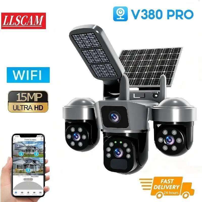 V380 15MP WIFI IP Wireless Camera Auto Tracking Security Protection CCTV Surveillance Outdoor Solar lights 26W0306