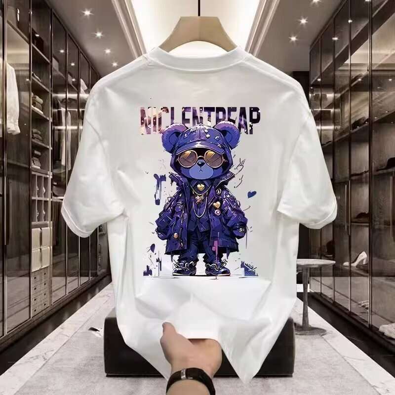 European and American trendy brand short-sleeve ins pure cotton summer bear print men's T-shirt, fashionable unisex versatile round-neck tee for 