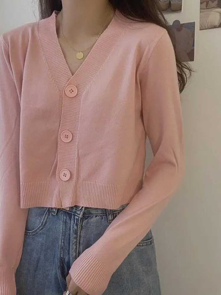 Button Pullover Long Sleeve Sweater Women V Neck Short Top Ladies Autumn Winter Clothes Slim Streetwear Solid Knitted Cardigan M260306