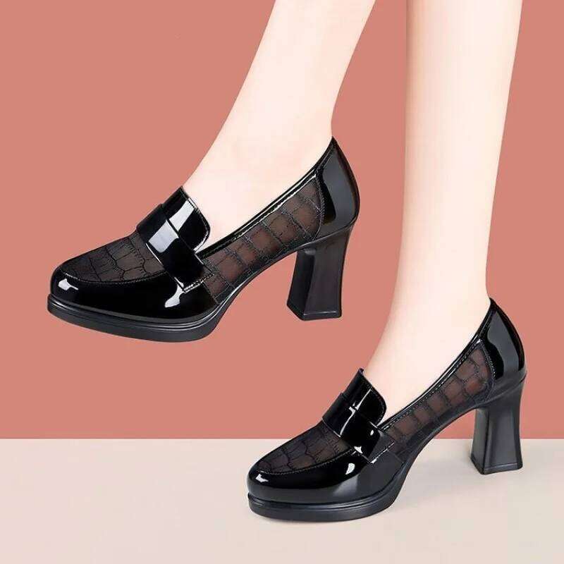 2025 Spring/Autumn Women's Mesh & Fashion High Heels - Hollow Out Leather Mid Soft Sole Chunky Heel Loafers