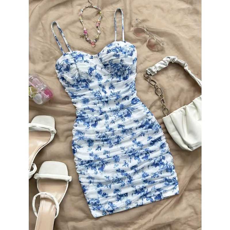 French Floral Slip Dress for Women Spring Summer Fashion Sexy Temperament Backless Mini Dresses Vacation Style Sling Beach Skirt X260306