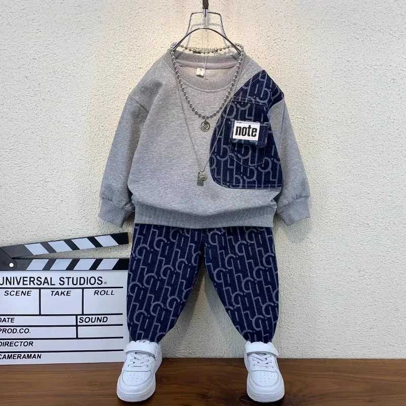 Kids Tracksuits 2Pcs, Boys Denim Patchwork Note Pocket Sweater & Pants Set, Spring Autumn Casual OutfitsT260306