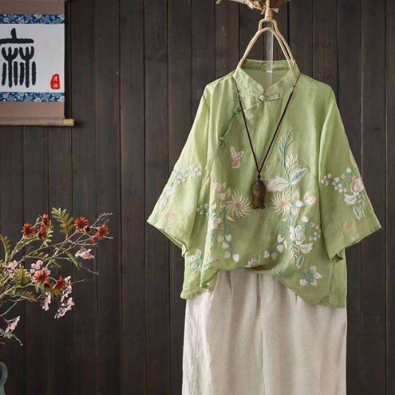 Mardi Hefxessdr Sve Embroidered Cotton Linen irt Thin Spring Autumn Women's Traditional Chinese Sle Zen Tea Ceremony Top Chinese style shirt wome