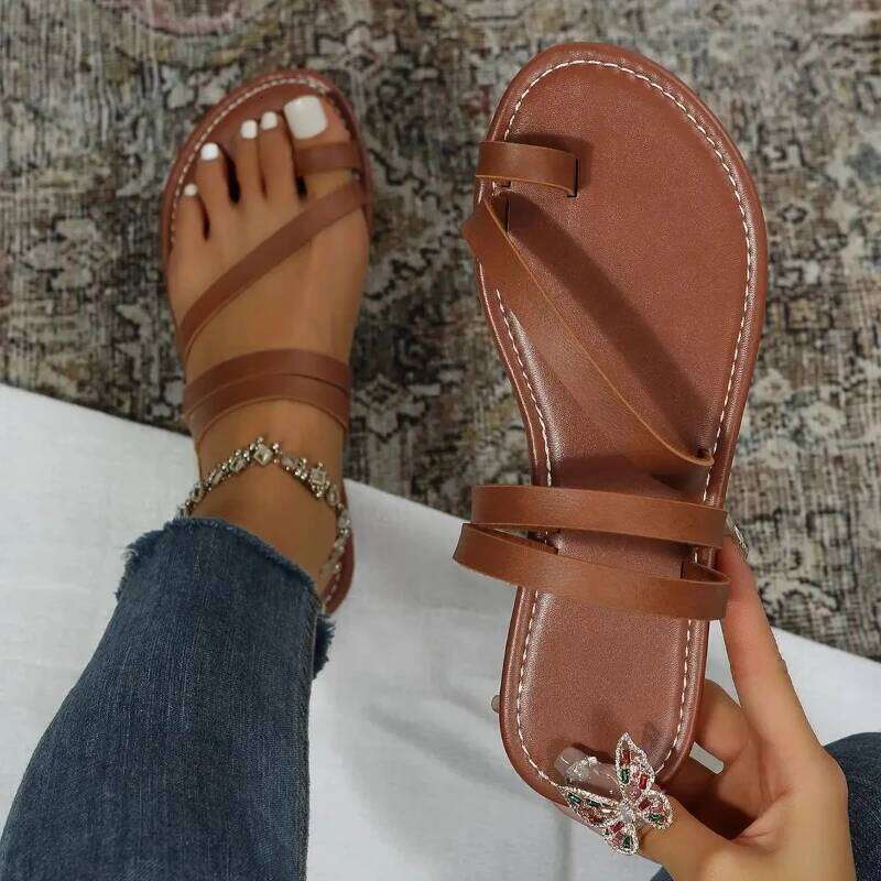 2025 Summer Flat Heel Casual Simple Fashion Beach Slippers Women's PU Leather Belt Slip-On Gladiator Sandals