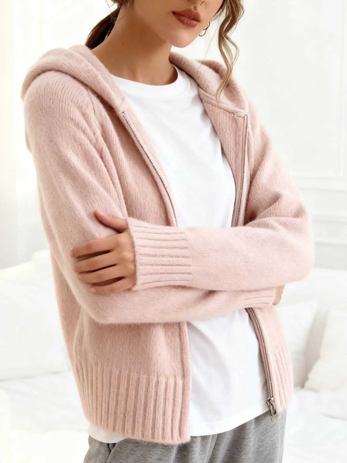 Autumn and Winter Fashion Double Zipper Hooded Knitted Cardigan Multi-Color Sweater with Pockets Womens Long Sleeved Sweater M260306