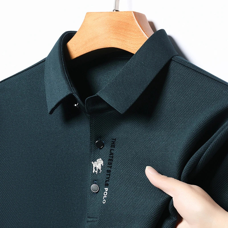 High end ice silk long sleeved T-shirt cool and comfortable casual mens fashion embossed spring and autumn polo shirt 260304
