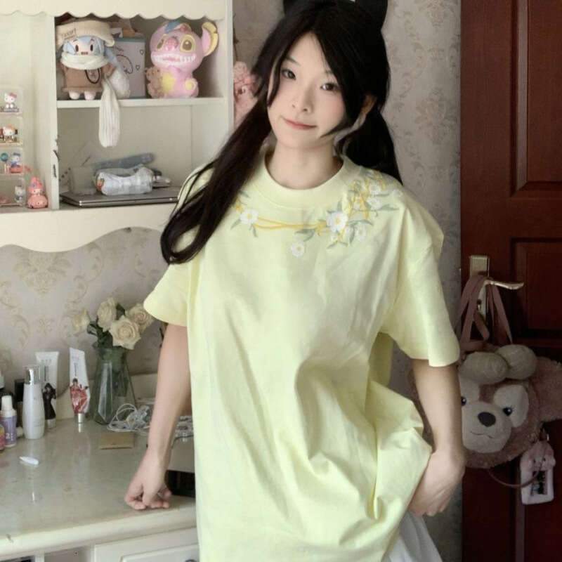 American Style High Street Embroidered Yellow Shoulder Women's Summer Loose Design T-Shirt Couple Student Slimming Top