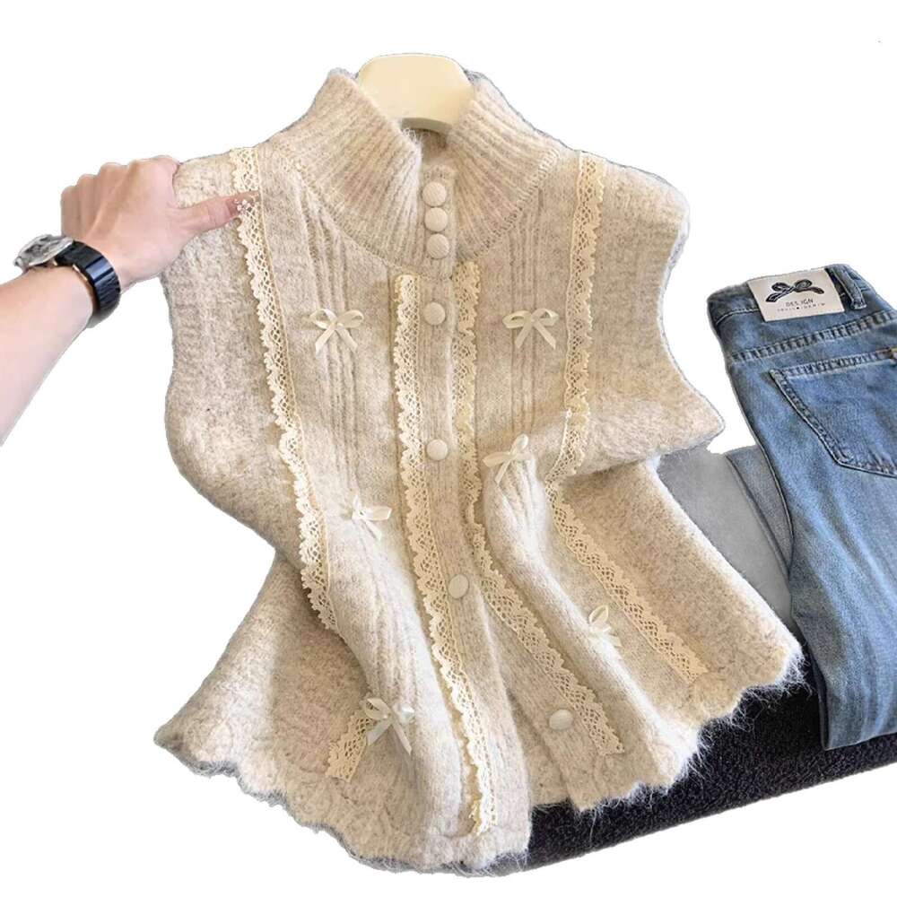 Lace Trimmed Half-High Collar Knit Vest for Women, Designer Spring Layered Soft Sleeveless Waistcoat, Trendy A10322