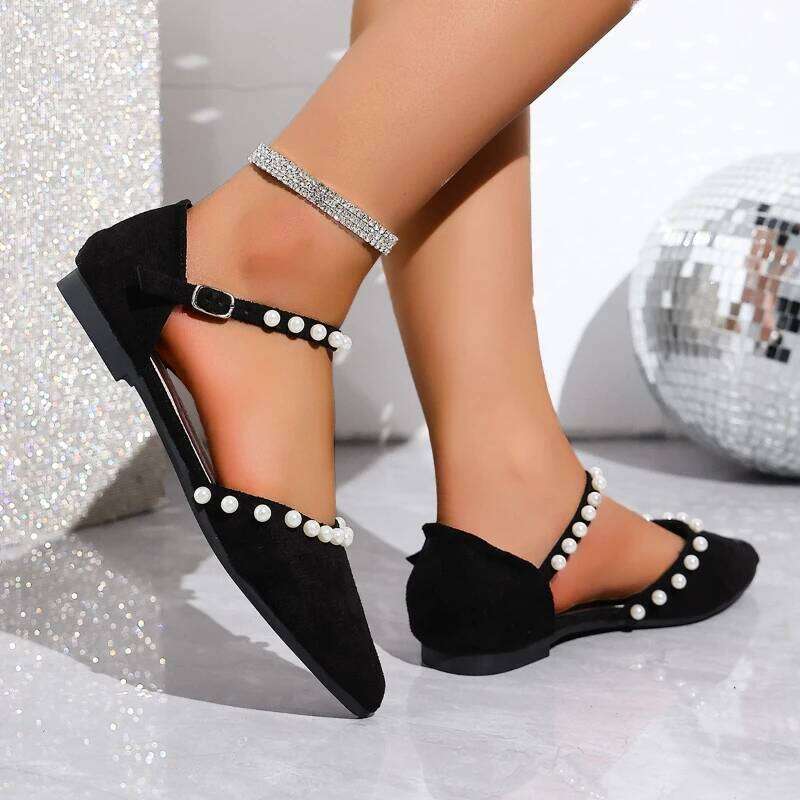 2025 Summer New Women's Simple Fashion Sandals with Beaded Buckle and Strap Design Comfortable Flat Shoes