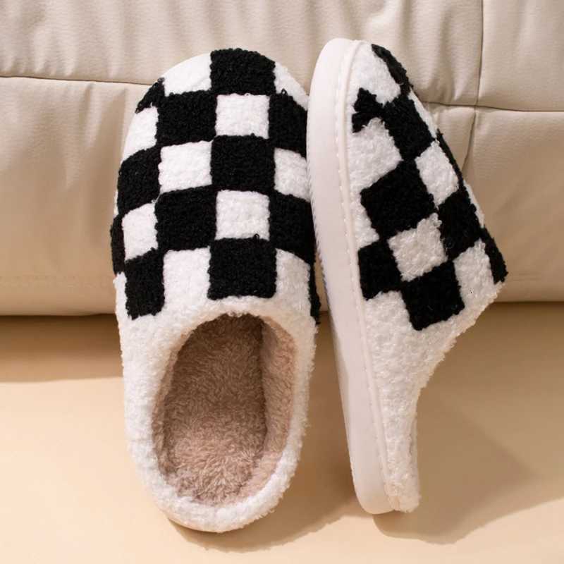 Fashion Mixed Color Plaid Cotton Slippers Women Comfort Soft Sole Plush Home Slides Woman 2025 Indoor Non Slip Fluffy Slippers S260305