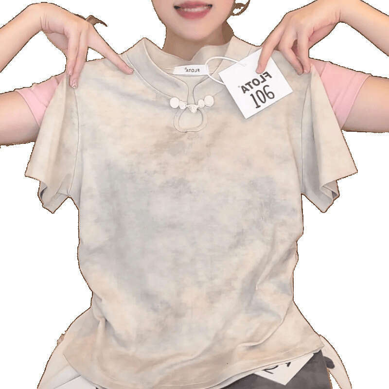 Chinese Style Button Down Tie-dye Short Sleeved T-shirt for Women New Chinese Style Slim Short Top Multi functional commuting top with hollowed out bu
