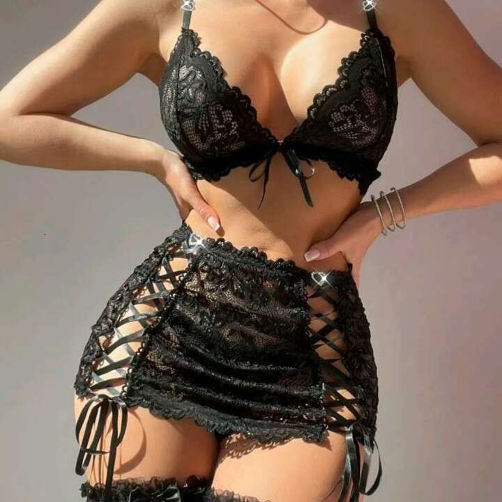 Women Black Lace Criss-Cross Garter Skirt with Mesh Panel Sexy, Edgy & Perfect for Night Out, Party or Photo Shoot