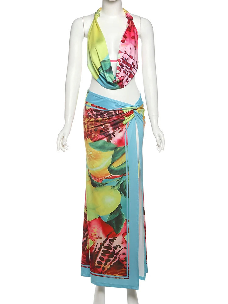 Weird Puss Colorful Leopard Women 2 Piece Set Y2K Beach Vacation Halter Tank TopsWrapped Maxi Skirts Matching Vacation Clubwear 260304