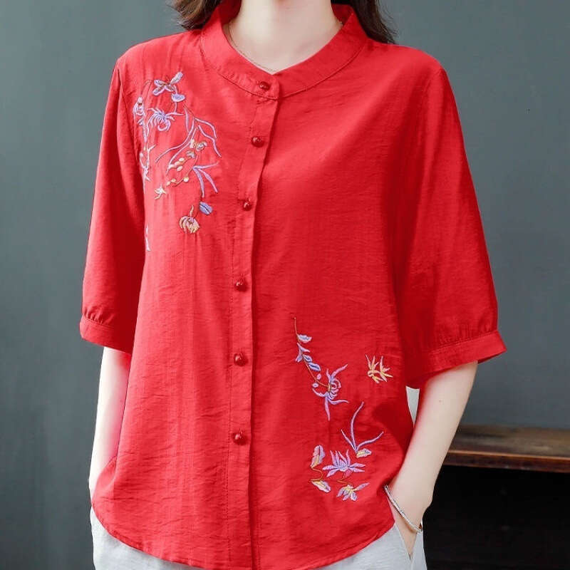 Cotton Linen Embroidered irt ort Sve Women's Summer Faion Loose Fit Versatile Trendy Top for Commute Office, casual loose new Chinese style top