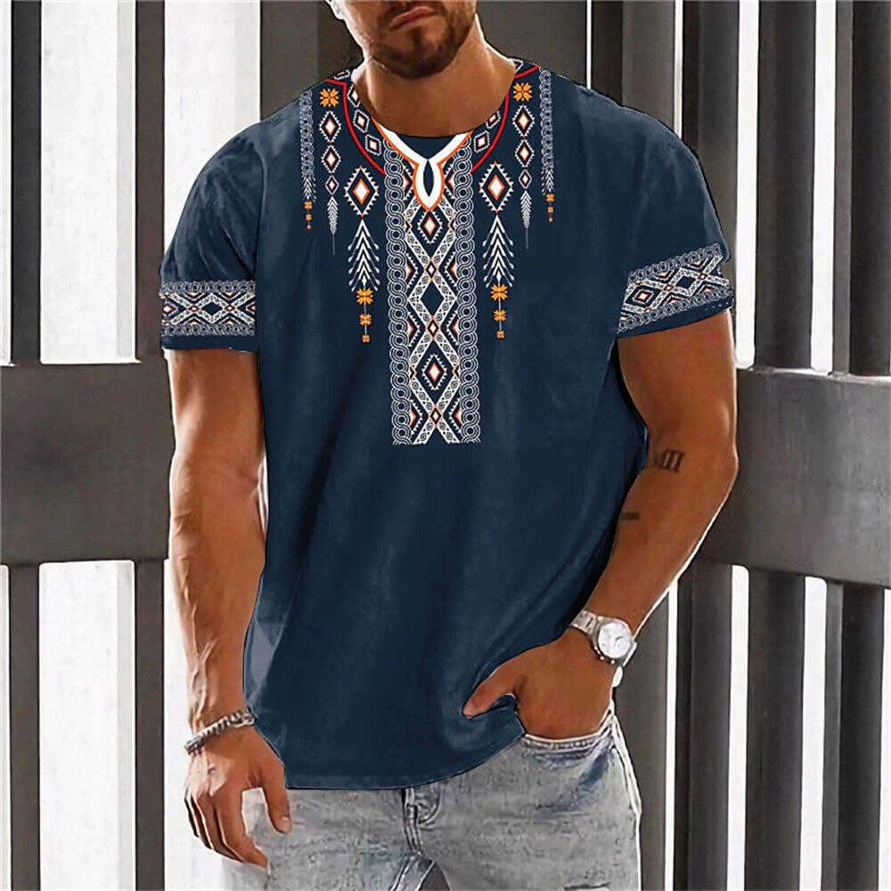 New European and American Cross-Border Trendy T-Shirt Export Ethnic Style Men's Loose Casual Short Sleeve Top