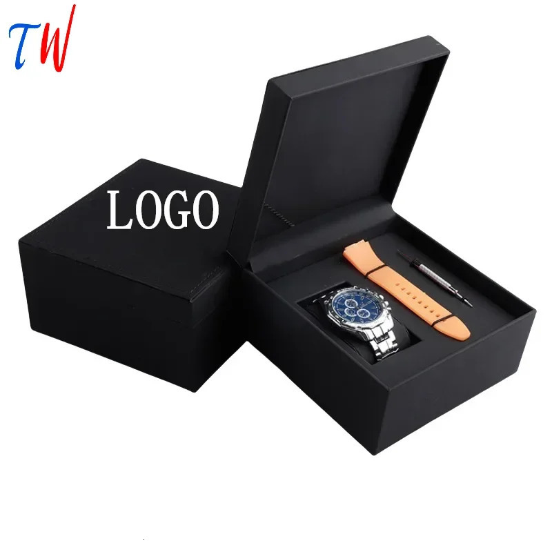 Black Watch Case Box with Strap and Adjuster Tool Slot PU Leather Flip Black Watch Jewelry Packaging Box Free Customization 260304